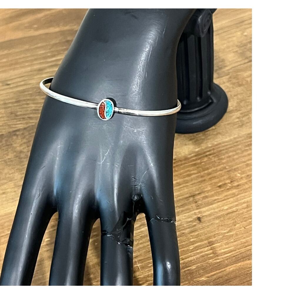 Sterling Silver 925 Turquoise Coral Inlay Southwest‎ Cuff Bracelet